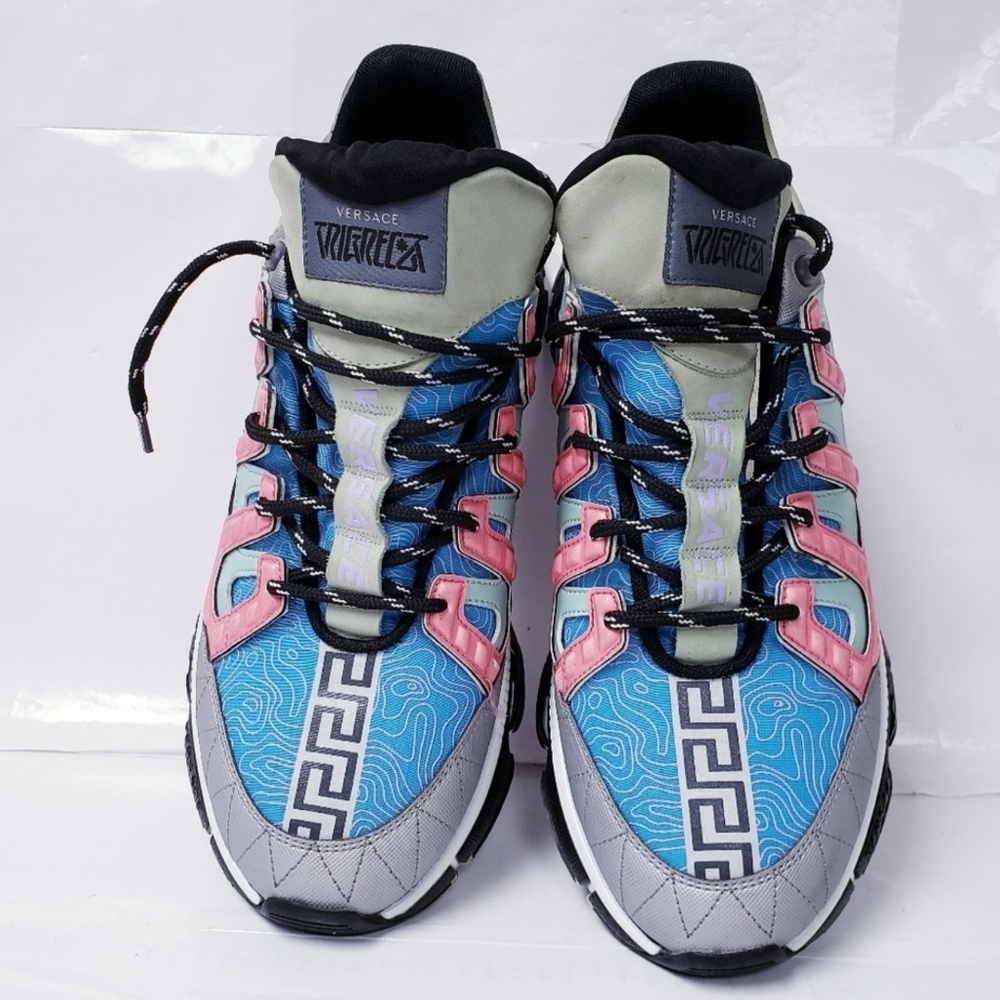 Versace Trigreca Sneakers Silver Argento Sky Bright Coral EU 45 US Mens Size 12 - Picture 2 of 13